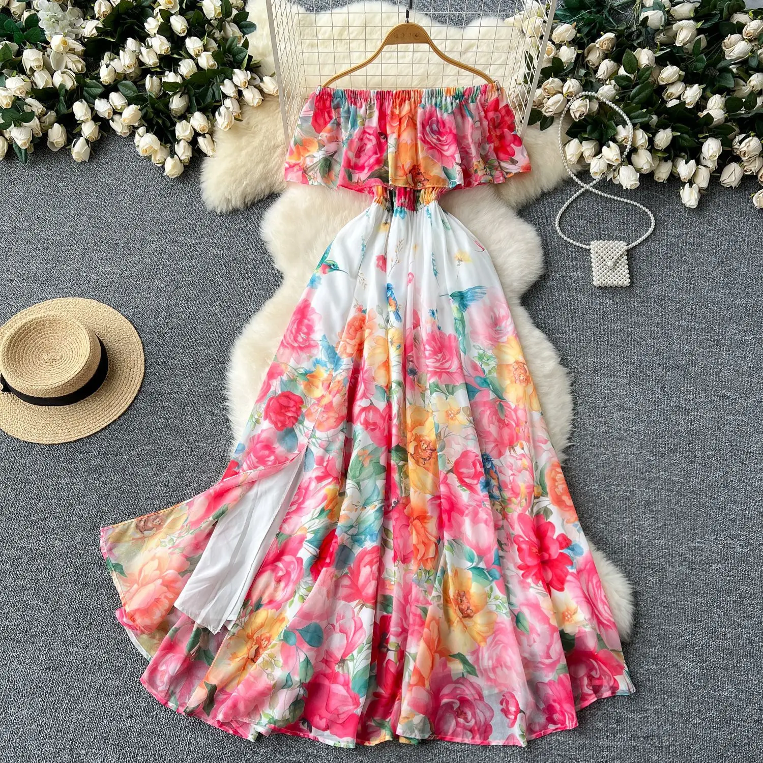 

Long Dress Women Dresses Print Floral A Line Vestidos Off Shoulder Elegant Splice Y2k Streetwear Maxi Ruffles Party Night Sexy