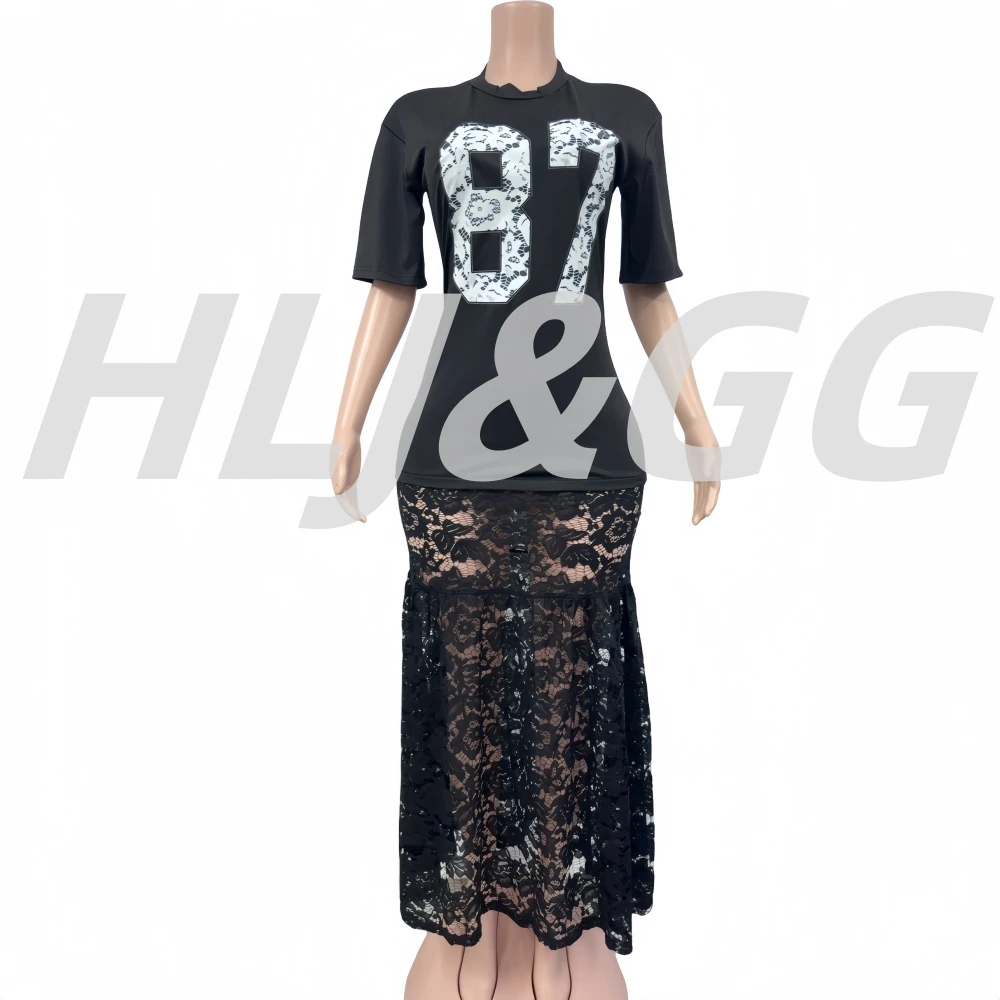 HLJ Sexy lettre impression moulante t-shirt robe longue femmes voir à travers manches courtes dentelle Patchwork robes femmes robes nouveau