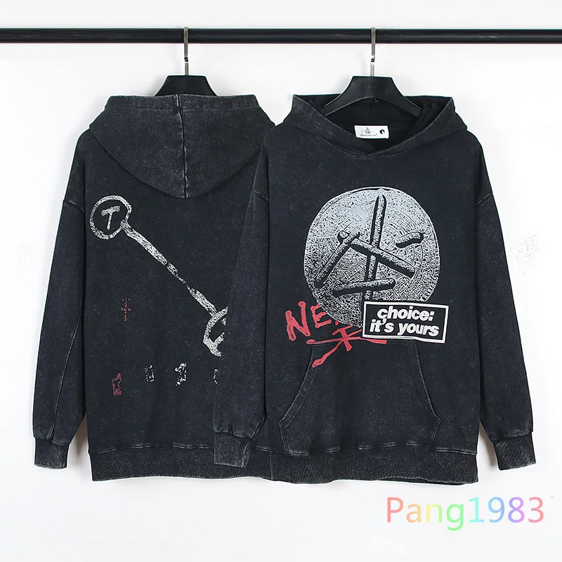 

Washed Retro Distressed Hoodie Men Women Washed Black Looped Fabric Sweatshirts