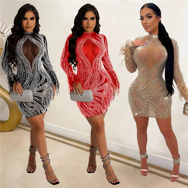 Sexy Rhinestone Diamond Night Party Bodycon Dress Women Evening Sheer Mesh Patchwork Birthday Outfits Sparkly Feather Mini Dress