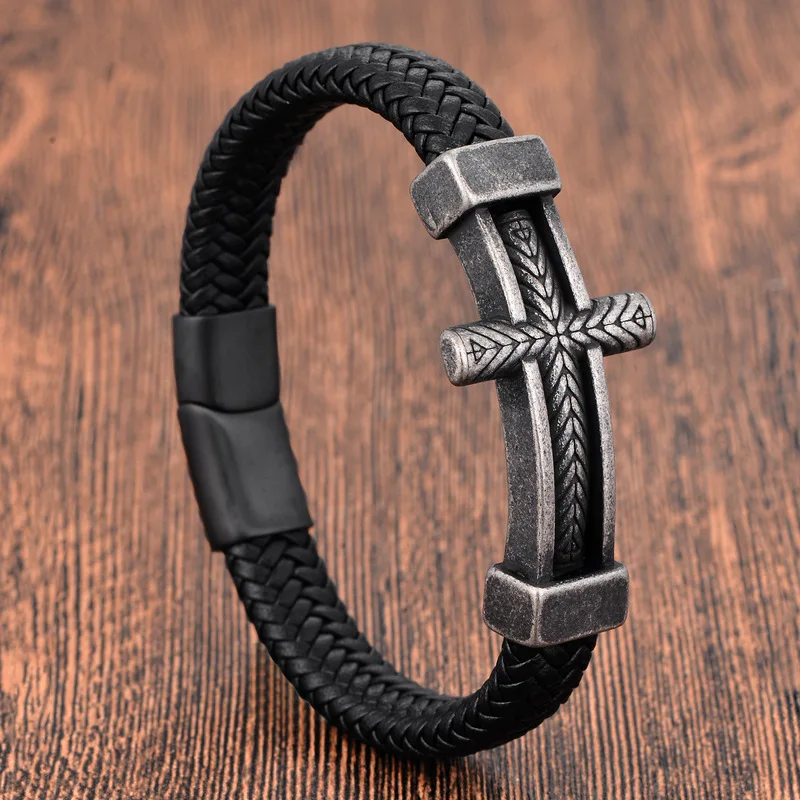 Black Leather Rope Cowhide Mens Double Layer Stainless Steel Genuine Leather Woven Bracelet Handmade Multi Layer Bangle