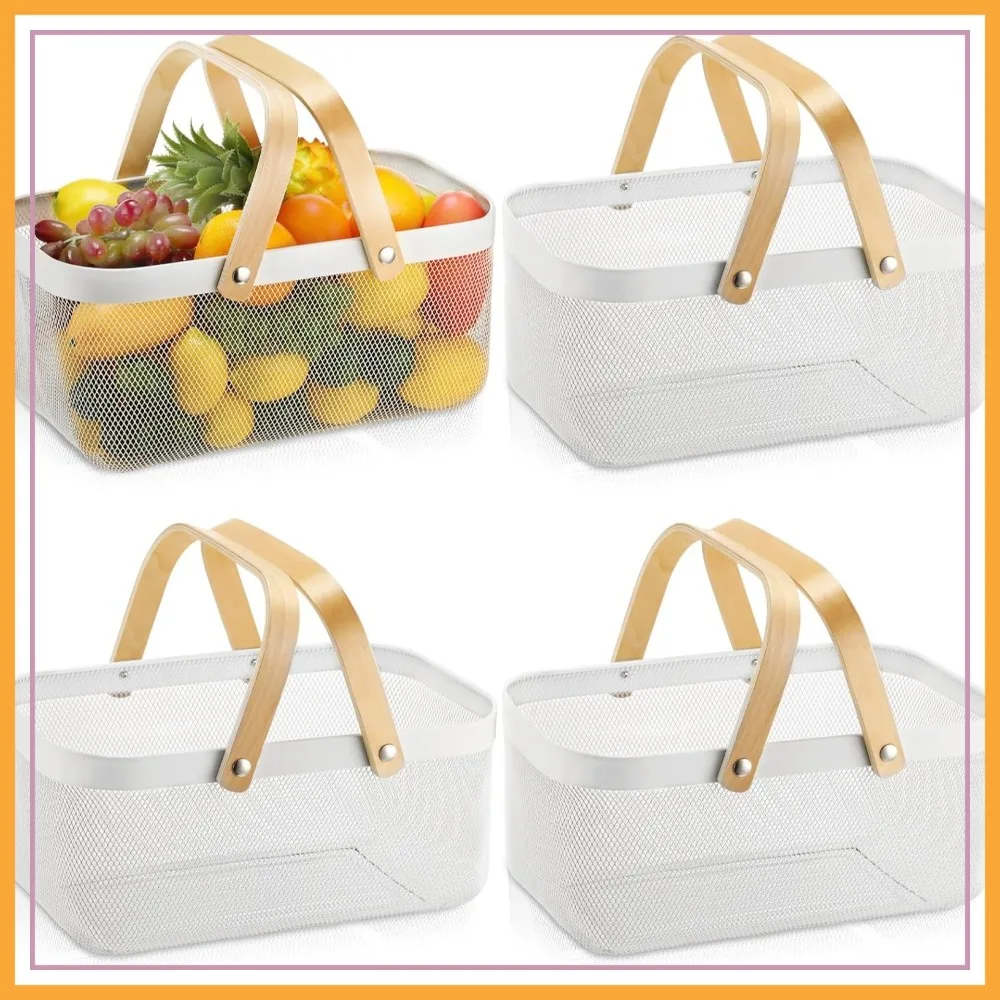 

4 Pcs White Metal Wire Storage Basket with Handle Mesh Harvest Durable Vegetables Fruit Toy Basket for Garden, Kitchen, Countertop, Closet, Bedroom (16x9.8x7.1 Inch)