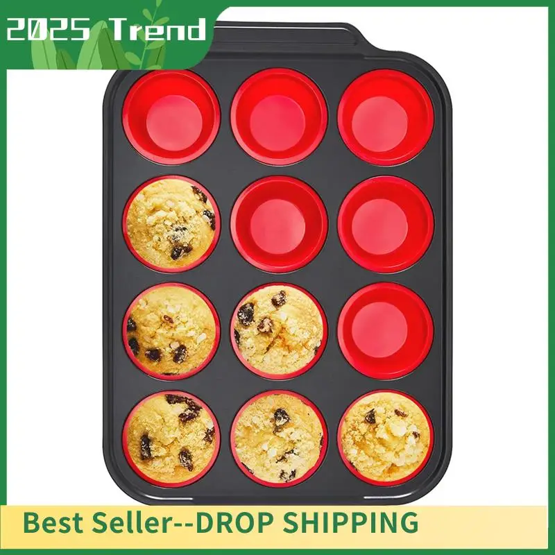 AD33 مقلاة مافن سيليكون ساخنة مع إطار معدني، قوالب سيليكون لصانعة دغة البيض للخبز، مقالي كب كيك 12 حجم عادي