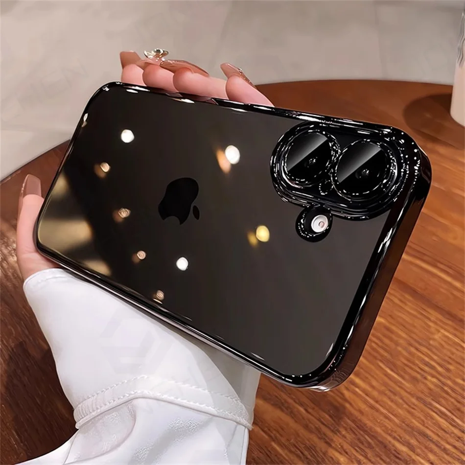 Luxury Plating Desert Gold Bumper Slim Clear Silicone Case For iPhone 16 15 14 13 12 17 Pro Max 16Plus Lens Film Protect Cover
