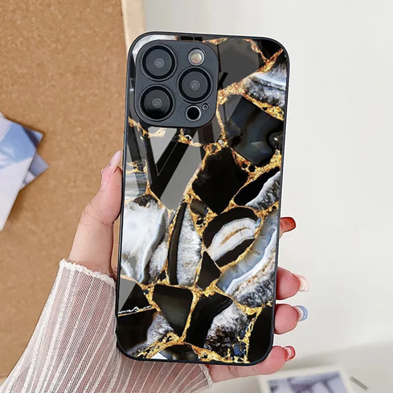 Tempered Glass Marble Stone Case For iPhone 11 Funda iPhone 16 17 16E 13 14 15 Pro Max 12 7 8 Plus SE 16promax 13promax Cover