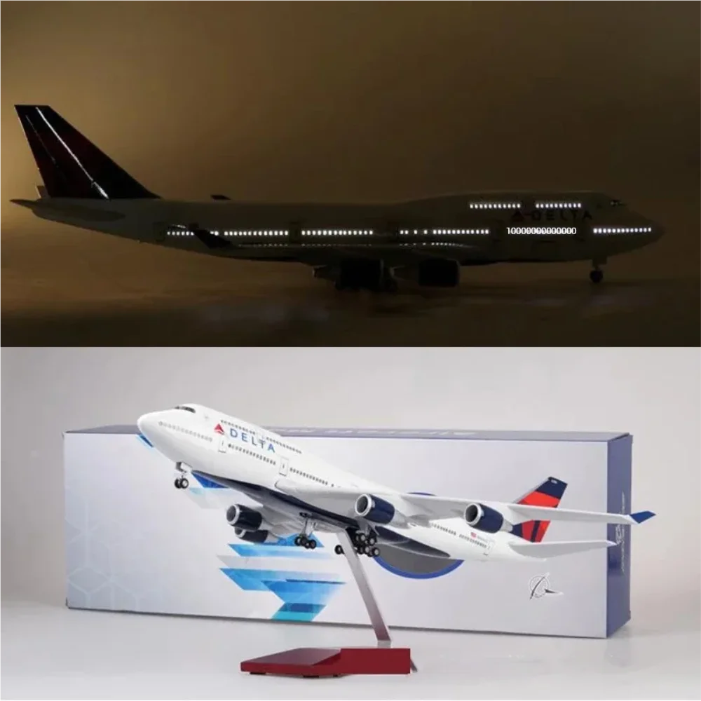 

47cm Airplane Scale 1/150 Model Kit B747 Delta Airways Toy Planes Diecast Resin Aircraft Aviation Ornament With Lights And Stand