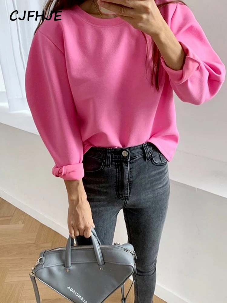 CJFHJE Casual Black Women Sweatshirts Solid Color Autumn Loose Sweatshirt Female Winter Long Sleeve Pink Simple Sweatshirts Lady