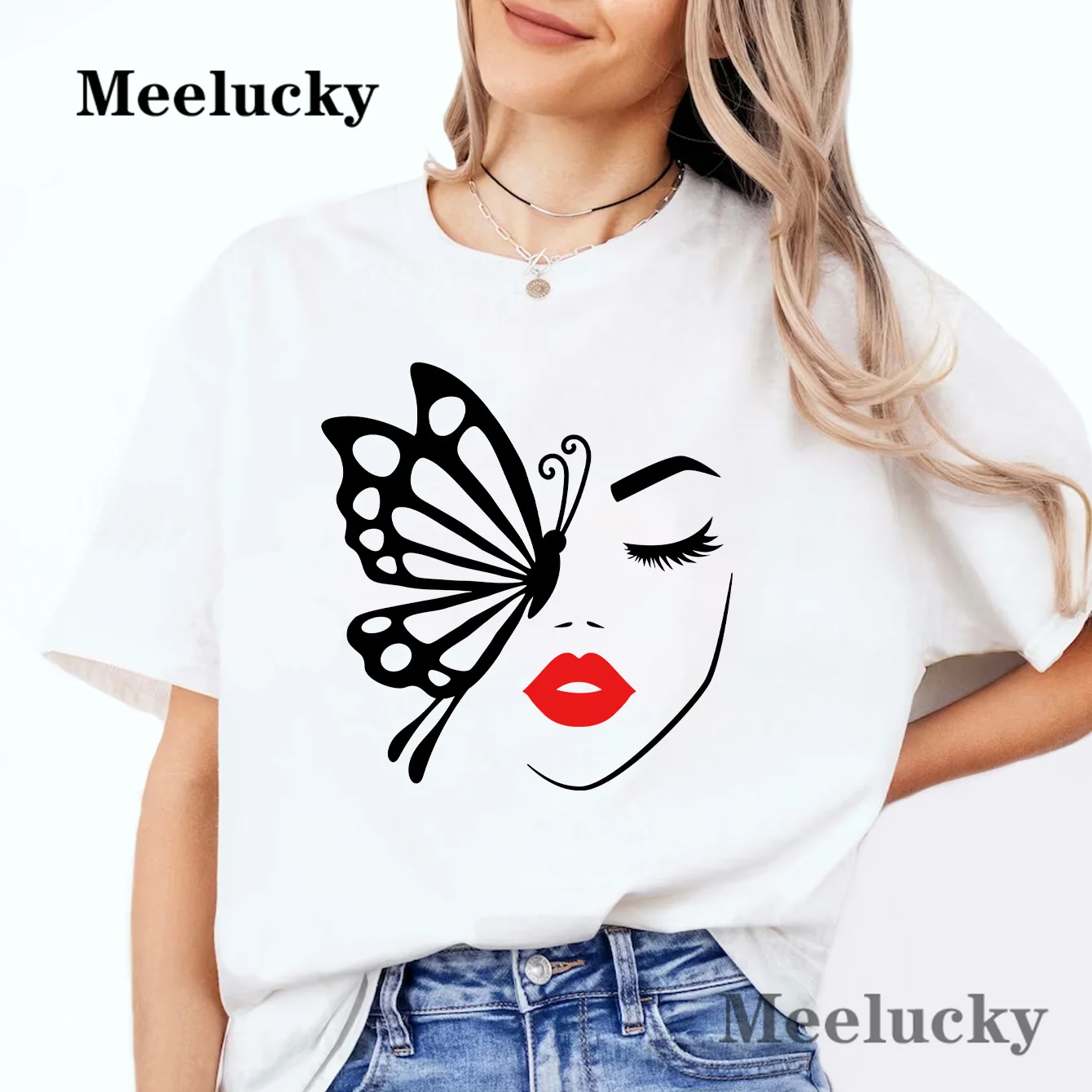 

Woman Face With Butterfly Women T Shirt Summer Breathable Tops Street Tees Clothing Casual Sport Cool T-Shirts