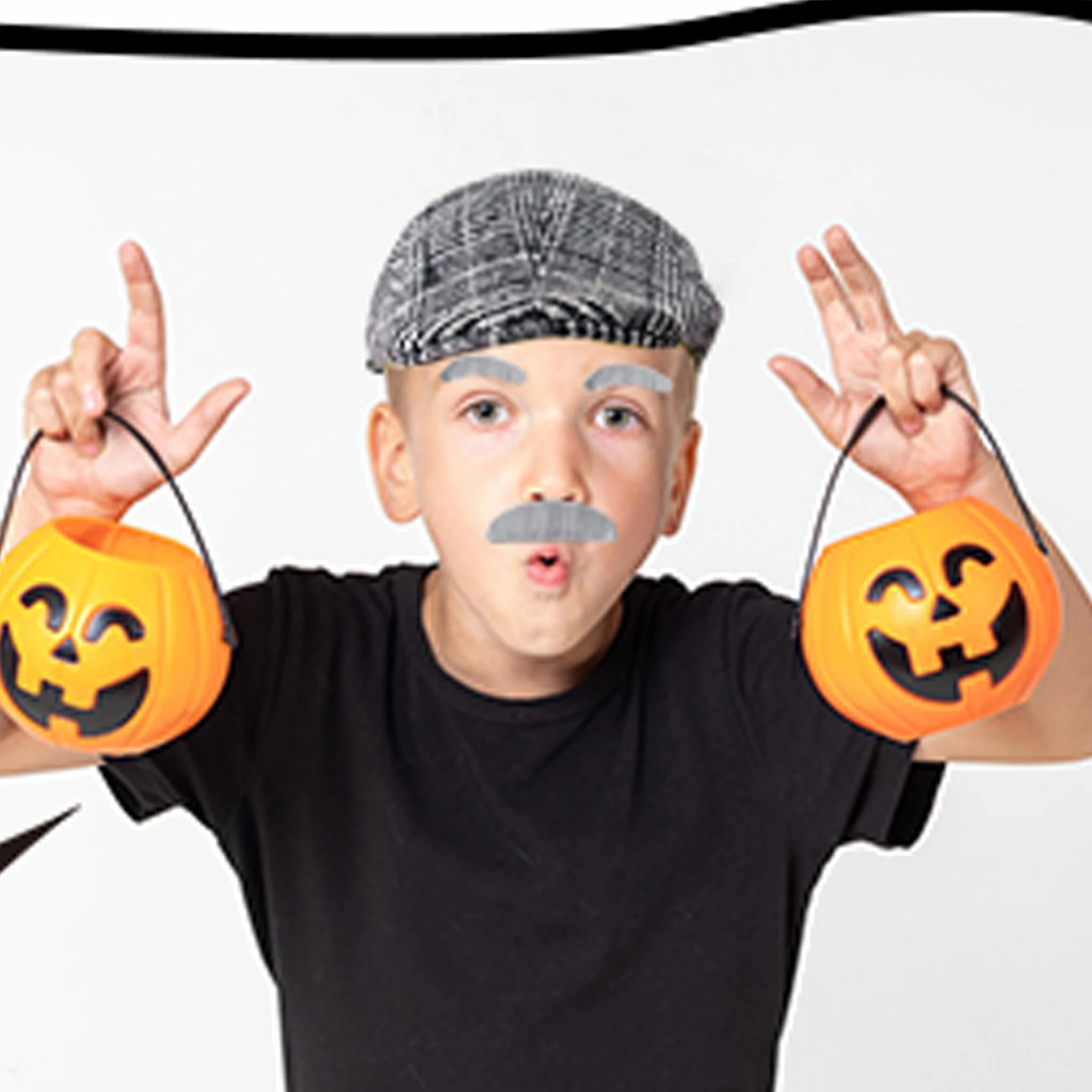 5Pcs OldMan Set Kids 100 Days of School Costume for Boys Cane+Glasse+ Faux+Eyebrows+Mustache+Hat+pocket watch for Grandpa outfit