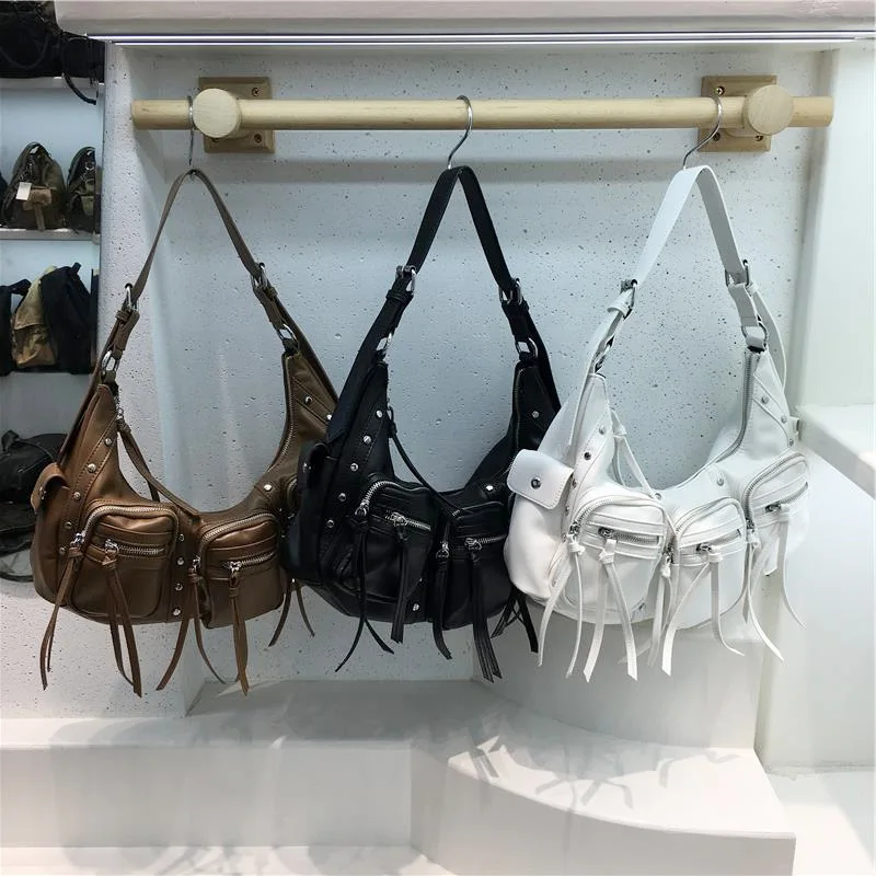 

Retro Women Bag Vintage Coffee Cool Underarm Multi-Pockets PU Leather Shoulder Bags Female Handbag Girl Tote Zipper Armpit Bag