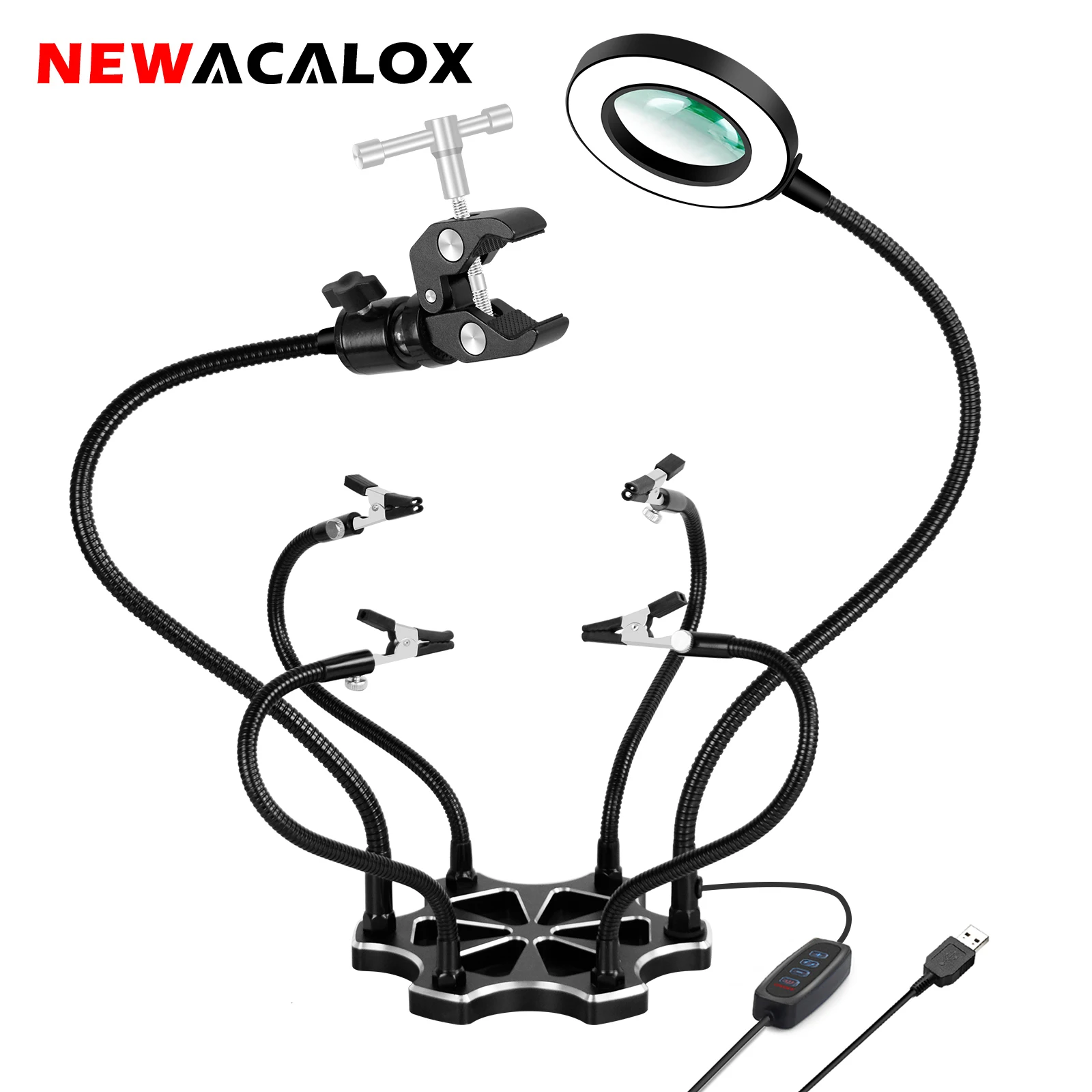 

NEWACALOX Soldering Third Hand USB 3X LED Magnifying Glass Soldering Station with Welding Cleaning Ball Hot Air Gun Holder Tool