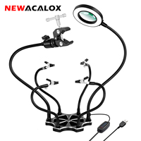 NEWACALOX Soldering Third Hand USB 3X LED Magnifying Glass Soldering Station with Welding Cleaning Ball Hot Air Gun Holder Tool