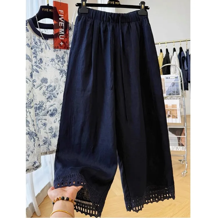 กางเกงลำลองเอวยางยืดผ้าฝ้ายลินินสำหรับผู้หญิง แต่งผ้าไหมลูกไม้ ทรงหลวม ขาตรง ขากว้าง ความยาวเก้าส่วน สีน้ำเงิน ผ้าบาง