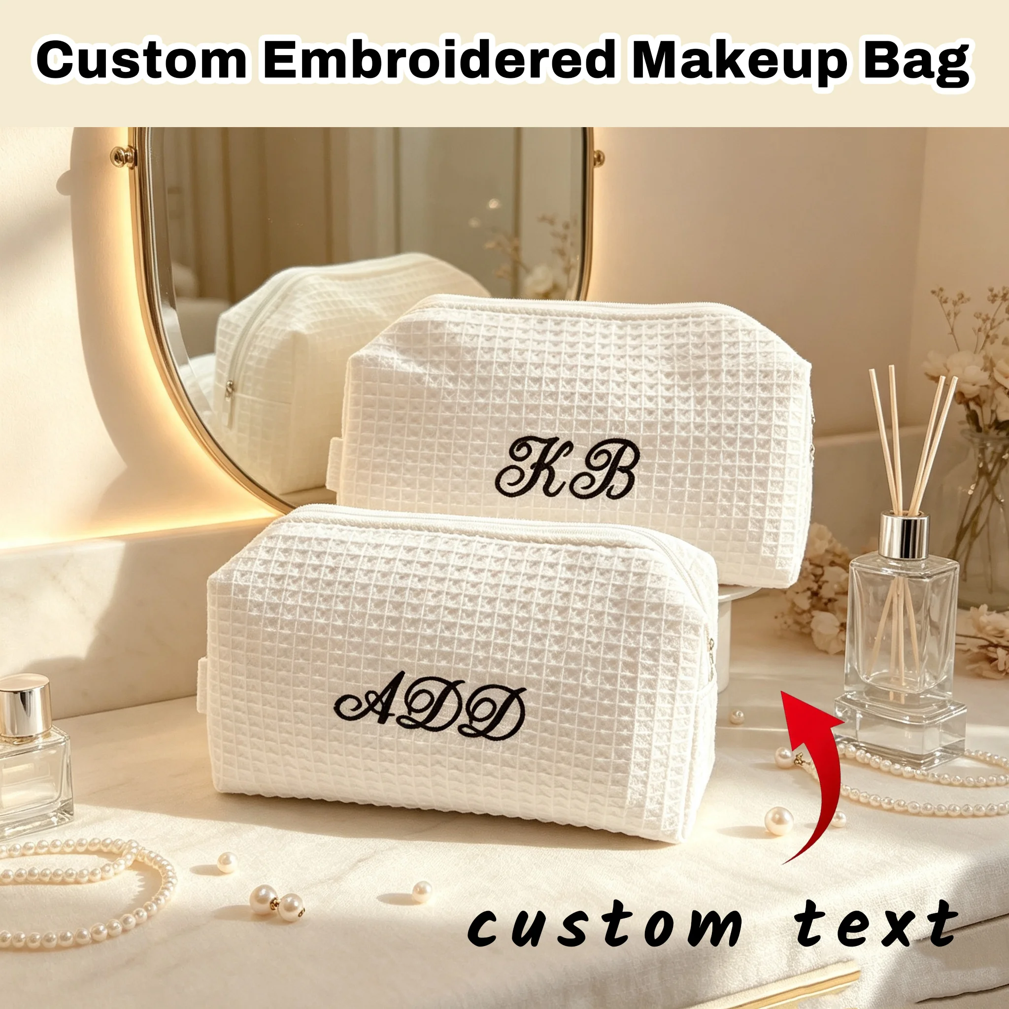 Embroidered Waffle Cosmetic Bag, Storage & Toiletry Bag, Personalized Monogram Toiletry Bag, Bridesmaid Makeup Bag, Bridal Showe