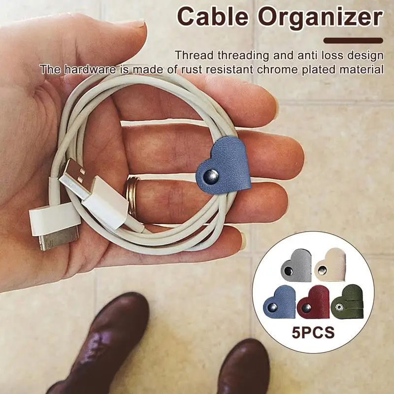 Leather Cable Straps With Snap PU Leather Cable Ties Heart-shape Cable Organizers Cable Management Cable Ties Earbud Holder