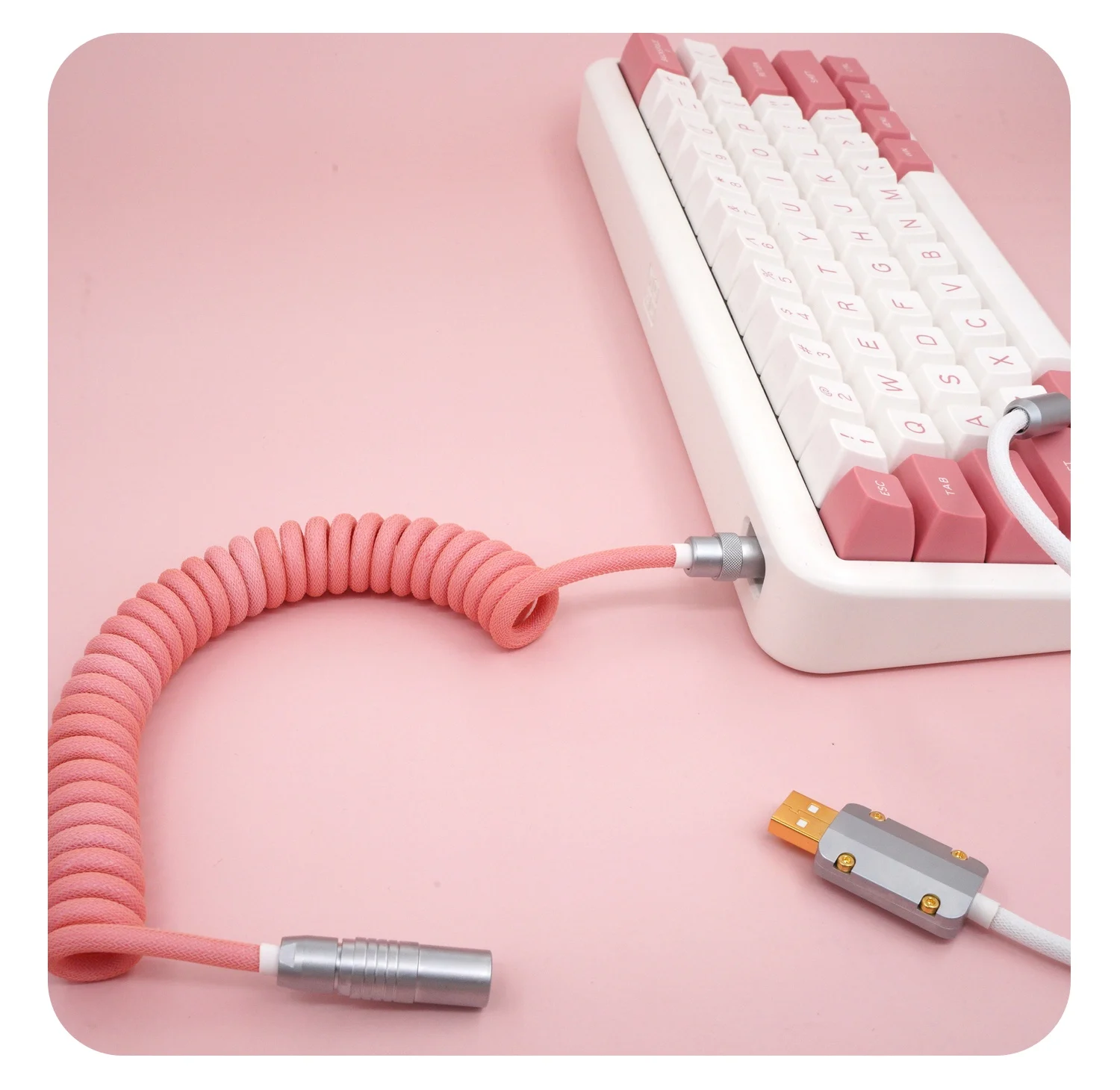 GeekCable handmade custom keyboard, spiral data cable, rear aviation plug, woven pink girl in stock,type c cable