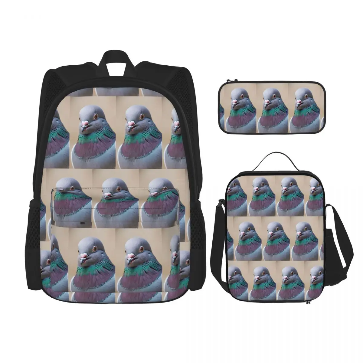 Gray Pigeons Backpacks Kids Bookbag School Bags Rucksack Lunch Bag Pen Bag Three-Piece Set