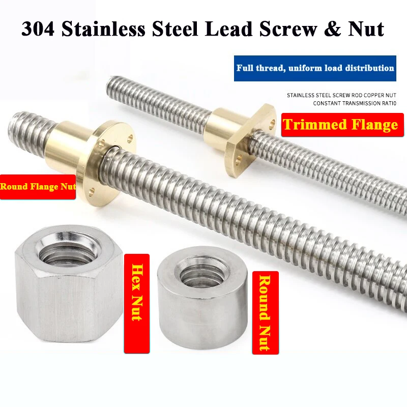 304 Stainless Steel Lead Screw & Copper Nut T5-T40 Multiple Leads 1m Length for Linear Actuator 3D Printers