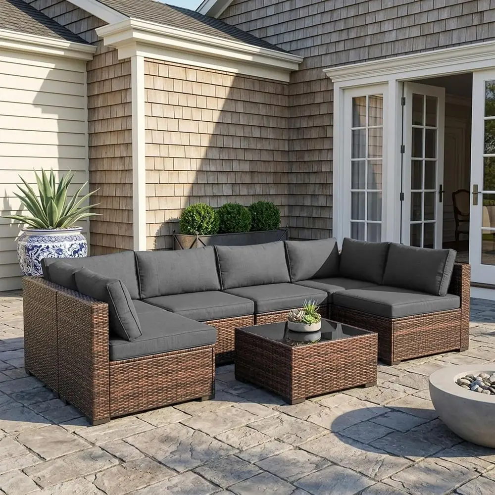 

7-Piece All-Weather PE Rattan Outdoor Sectional Sofa Set with Tempered Glass Table, Thick Cushions & Cover, Grey