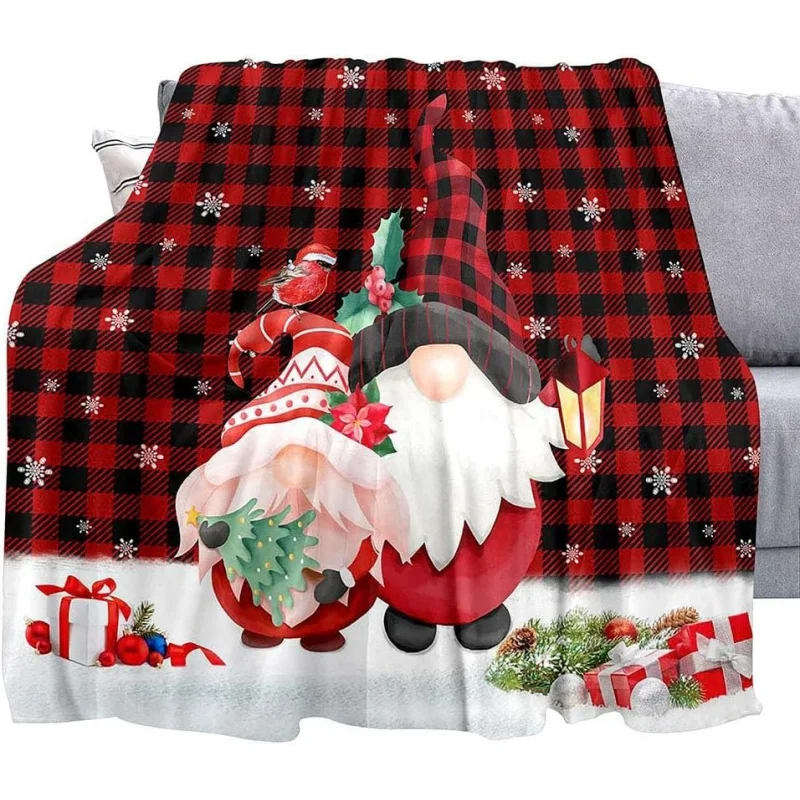 Merry Christmas Blankets Red Buffalo Plaid Throw Winter Holiday Blanket Gnome Cozy Soft Lightweight Warm Fuzzy Plush Flannel