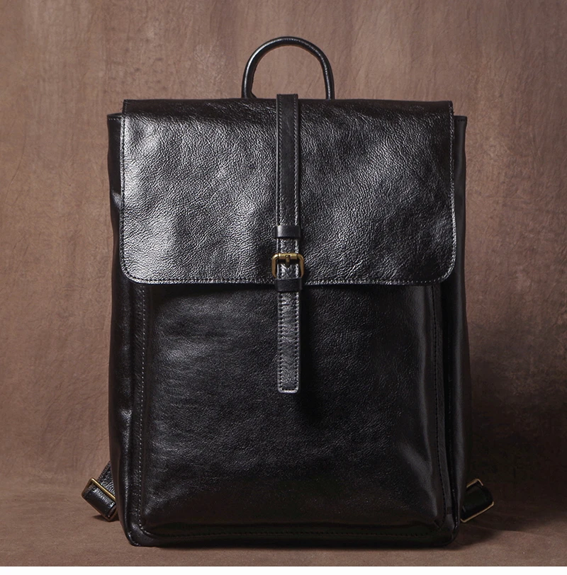 GURO Men's Retro Genuine Leather Backpack Simple Flap Travel Bag Women Natural Cowhide Deluxe Schoolbag Daily Commuter Backpacks