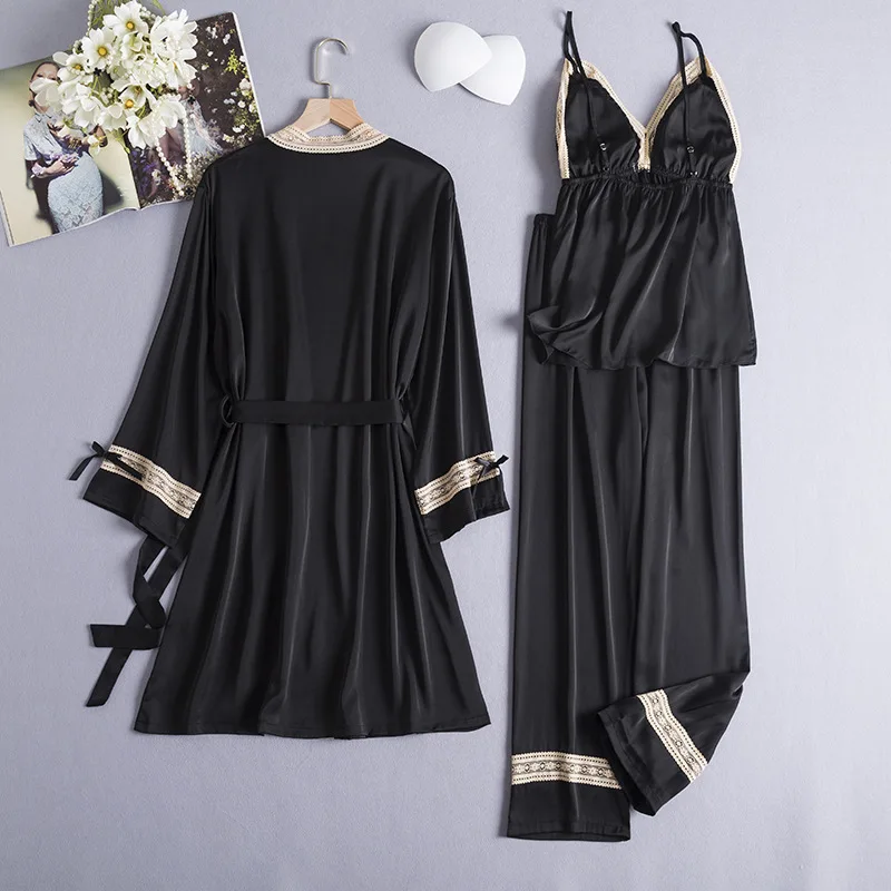 3PCS Pajamas Set Lace Strap Sling Pants Sleep Suit Spring Satin V-Neck Sleepwear Nightwear Sexy Kimono Robe Gown Home Clothes