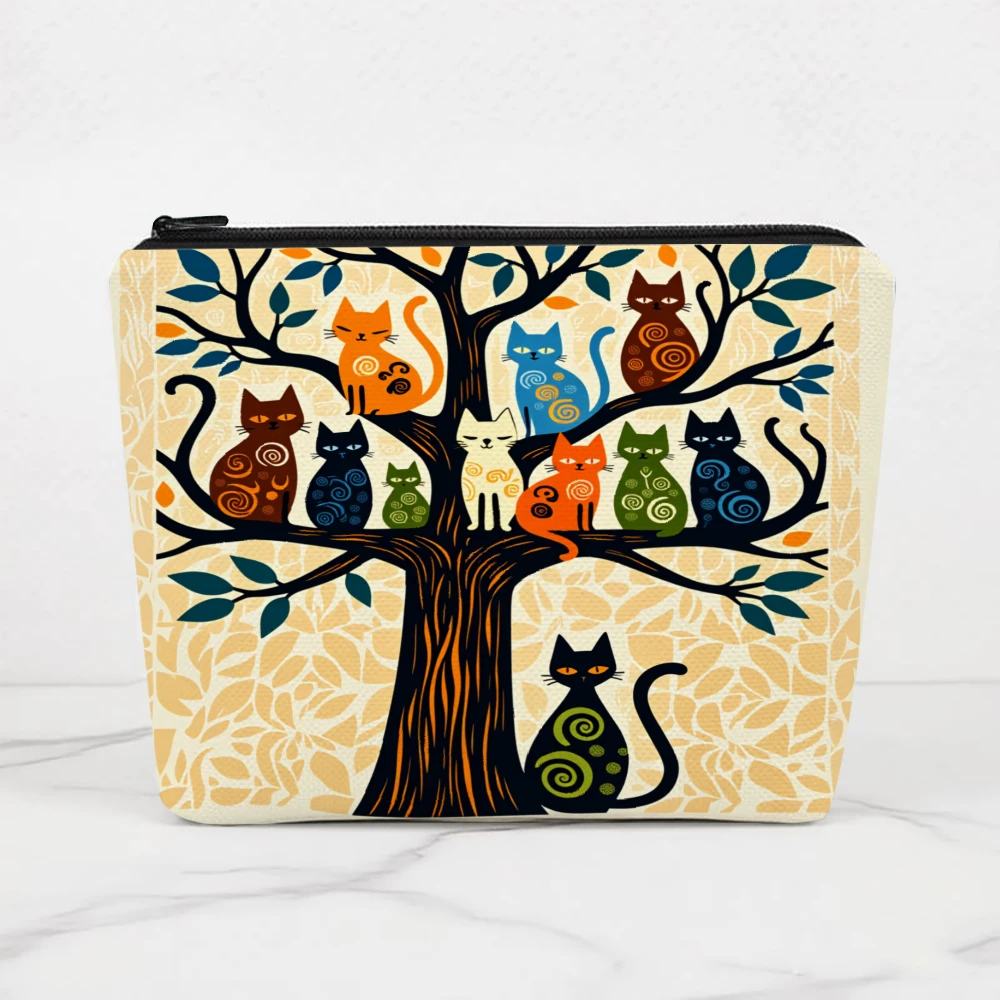 Colorful Cats On Tree Pattern Makeup Bags for Girls Cosmetic Pouch Toiletry Bag Pencil Case Travel Storage