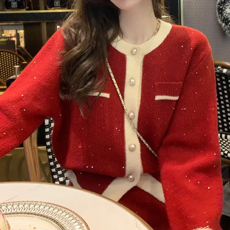 Autumn and Winter Women Knitted Suit Celebrity Senior Round Neck Long-sleeved Knitted Cardigan Slim Long Skirt 2pcs Matching Set