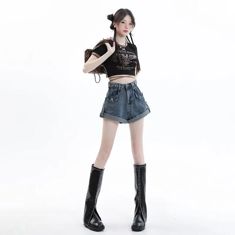 

Винтажные синие джинсовые шорты для женщин, летние, новые, свободные, с широкими штанинами, с высокой талией, из ткани PU, для среднего возраста, больших размеров, средней эластичности