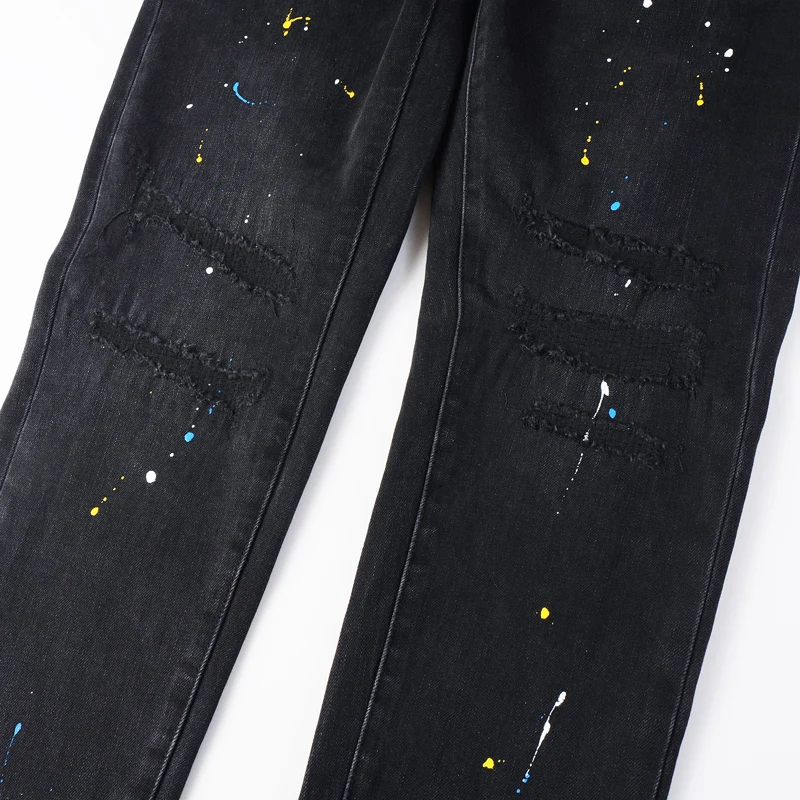 y2k new men's jeans, painted elastic slim fit, washed and worn black jeans, high street designer hip-hop brand pants, ho