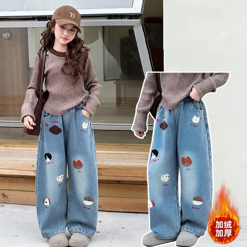 

Cartoon Dog Cute Winter and Autumn Jeans for Outer Wear Versatile Loose Casual Pants New Cartoon Anime Insulated Jeans 4-14Y