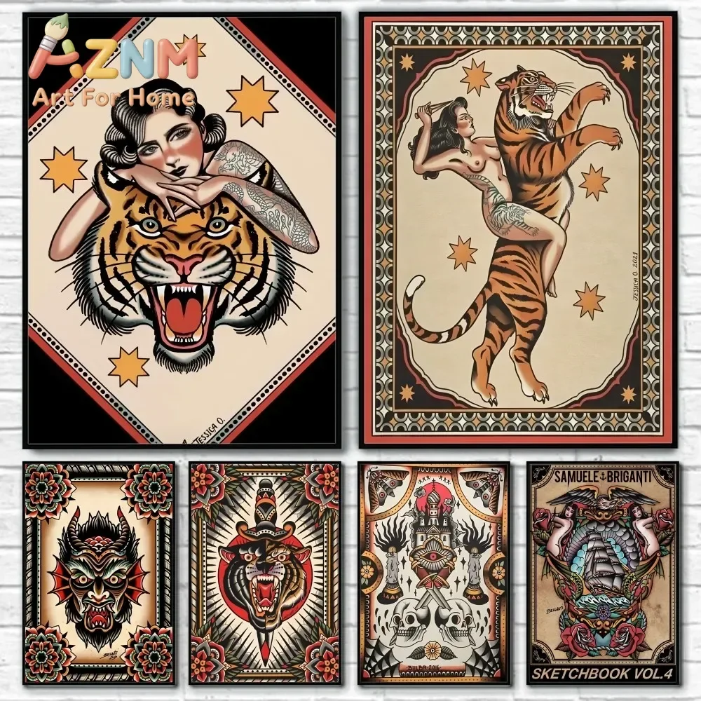 Devils Colorful Savage Tattooed Poster Sticky Wall Art Printing Waterproof Home Living Bed Room Bar Hallway Aesthetic Decor