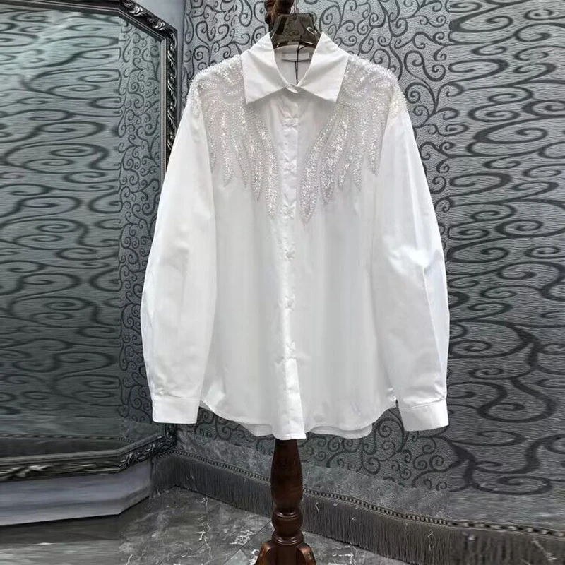 

French Style Sequin Embellished Loose Long Sleeve Women's Shirt Heavy Embroidery Spring Autumn New Design Elegant Casual Shirt