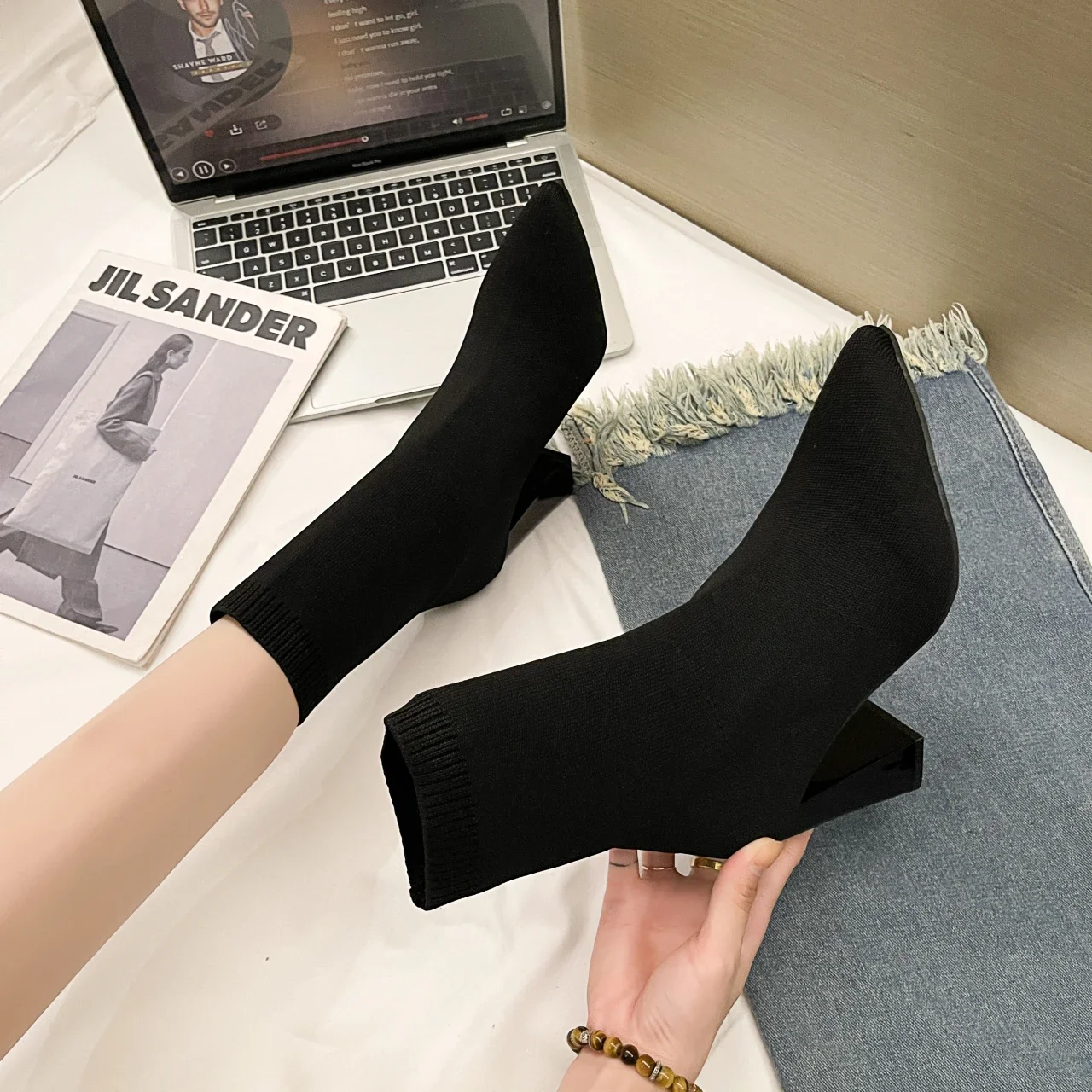 Women's Boots Exotic Dancer Pointed Stilettos Fashionable Elastic Mid-tube High Heels Thick Heel Short Boots Cosplay Shoes 2025