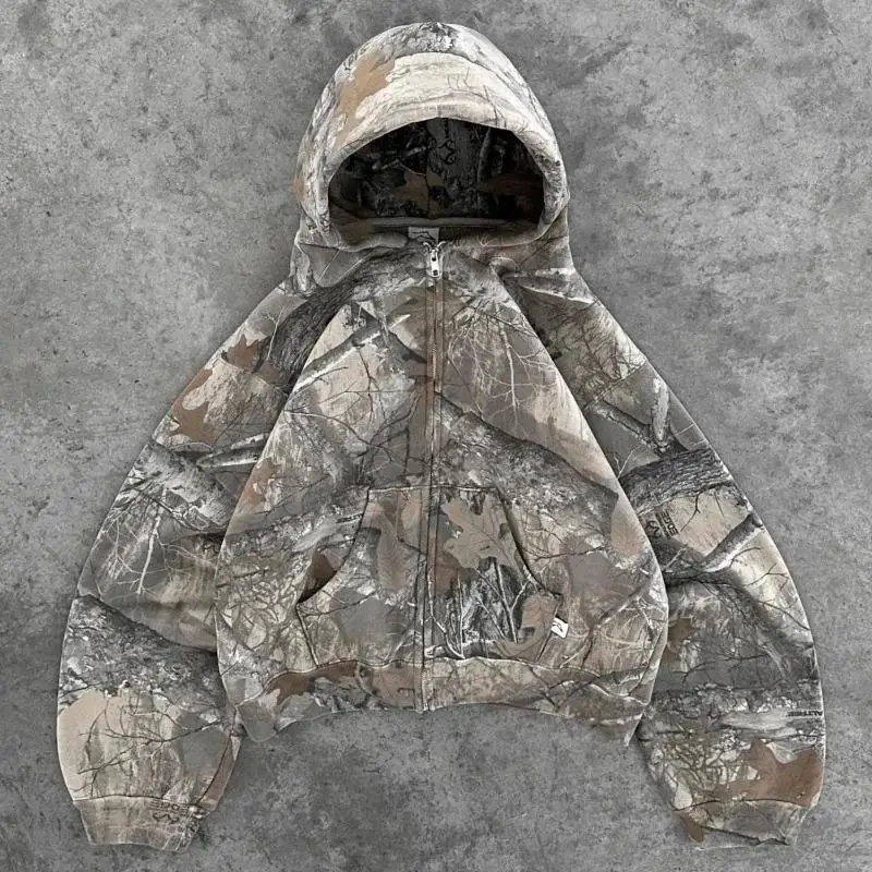 Retro Camouflage Pattern Zip up Hoodies Men's Jacket Retro Style Zipper Design Unisex Summer Fashion Outerwear