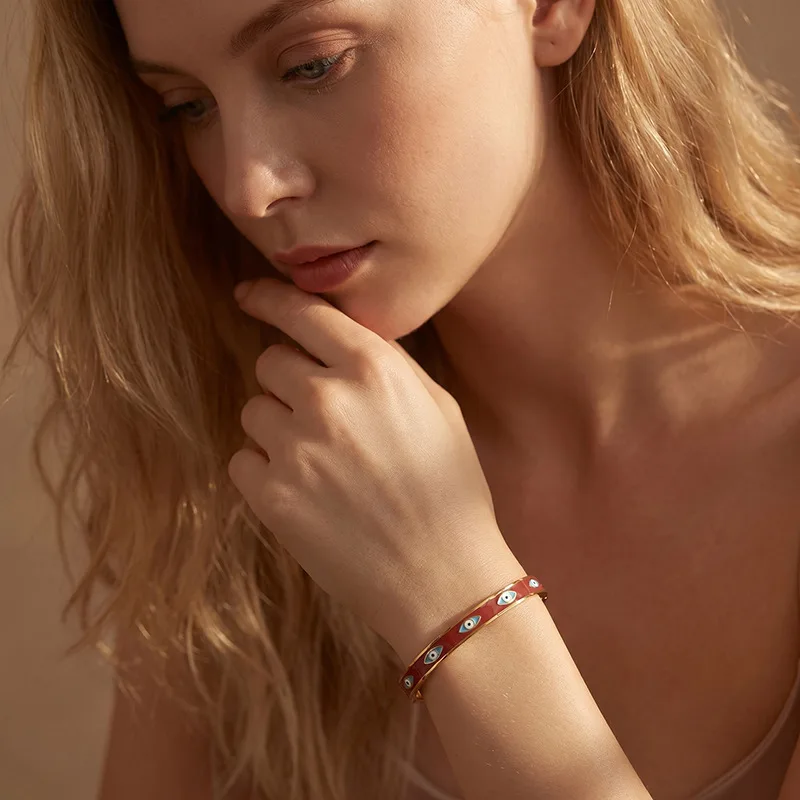 Luxury Enamel Evil Eye Open Bangle Bracelet for Women Stainless Steel Chic Trendy Wrist Jewelry Non-fading Accessories Gift