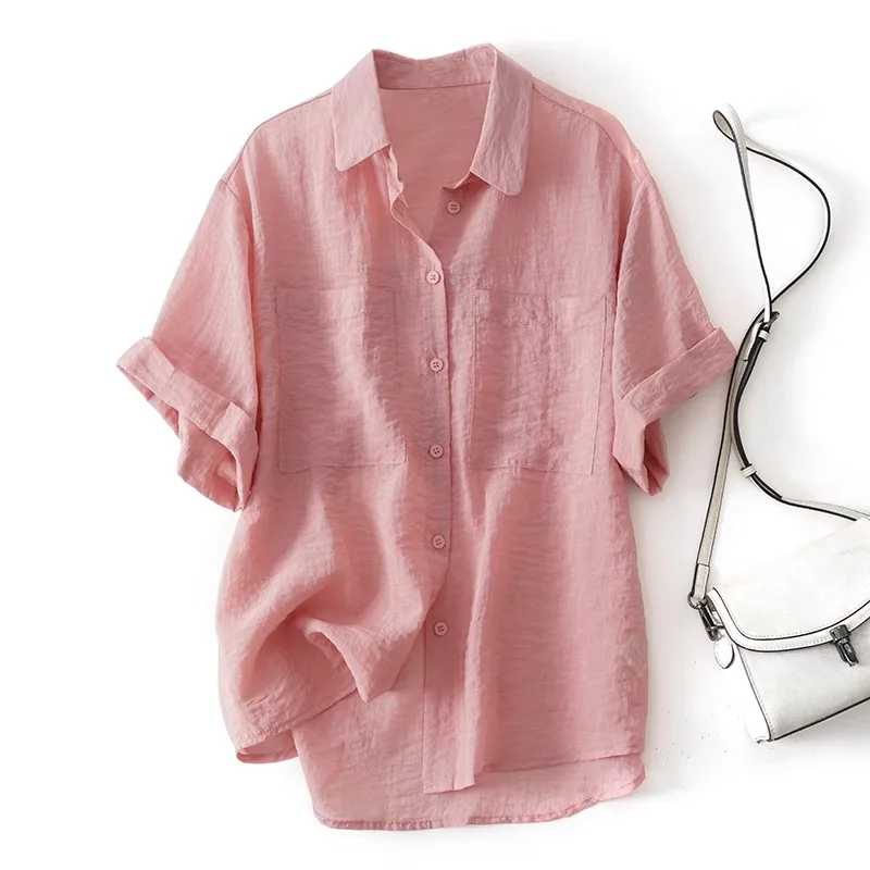 

Light Breathable Cotton Linen Summer New Lapel Short-sleeved Shirt Pleated Loose Casual Tops Blouse Streetwear Y2k