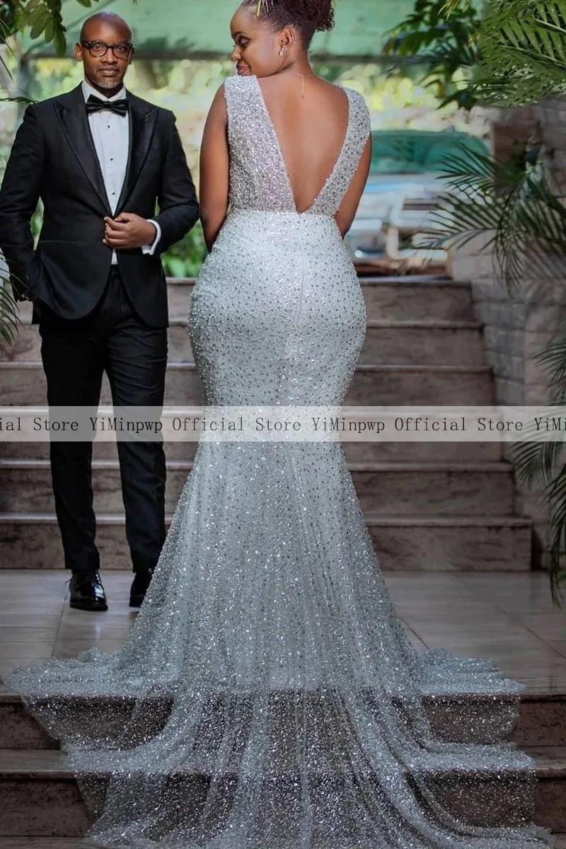 Boho Mermaid abiti da sposa scollo a V Backless Sweep Train perle abiti da sposa con paillettes dopo il vestito da ricevimento di nozze per la sposa