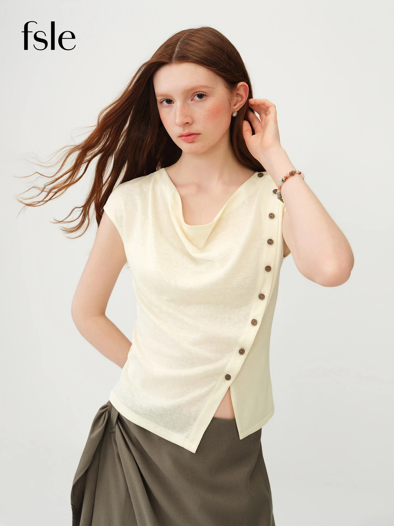 FSLE 2026 Summer Women's Bias Draping Button-Down Top - Refined Minimalist for Daily Commute and Office Wear
