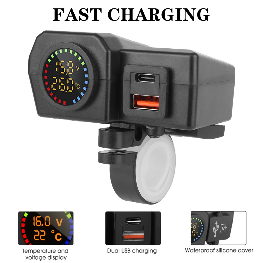 Motorcycle Charger Plug 36W Voltmeter Thermometer Motorcycle QC3.0 PD Charger Socket USB Type-C Fast Charging Digital Display