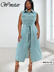 Wmstar Denim Plus Size sukienki damskie letnie 2024 jednokolorowe guziki eleganckie koszule sukienka Maxi sprzedaż hurtowa Dropshipping z bandażem