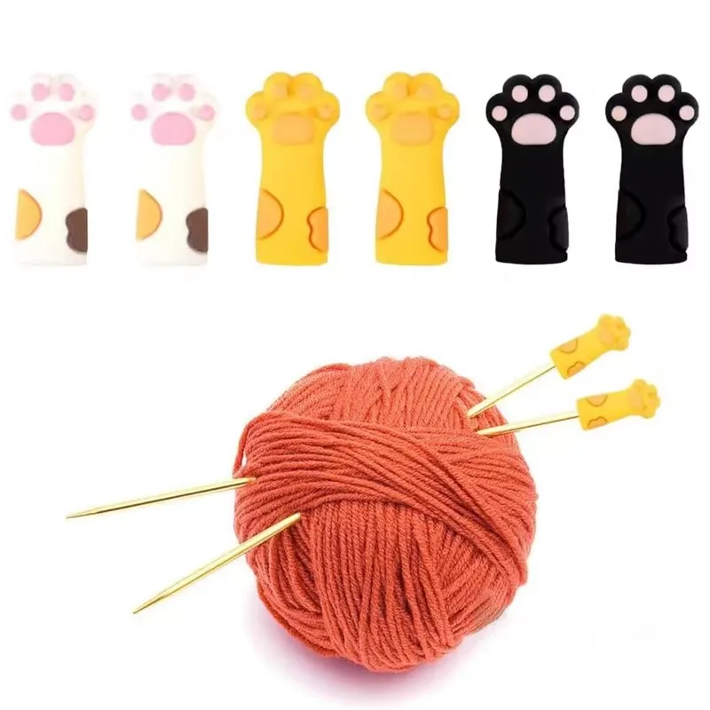 6 件套 Cute Cat Paw Knitting Needle Stoppers Needles Point Silicone Protector Anti-Shedding Cap DIY Weave Tool Sewing Accessories