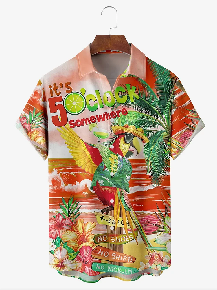 Fashionable Hawaiian Men\'s Short-sleeved Shirt Seaside Parrot Print Men\'s Casual Shirt Summer Vacation Beach Party Men\'s Shirt