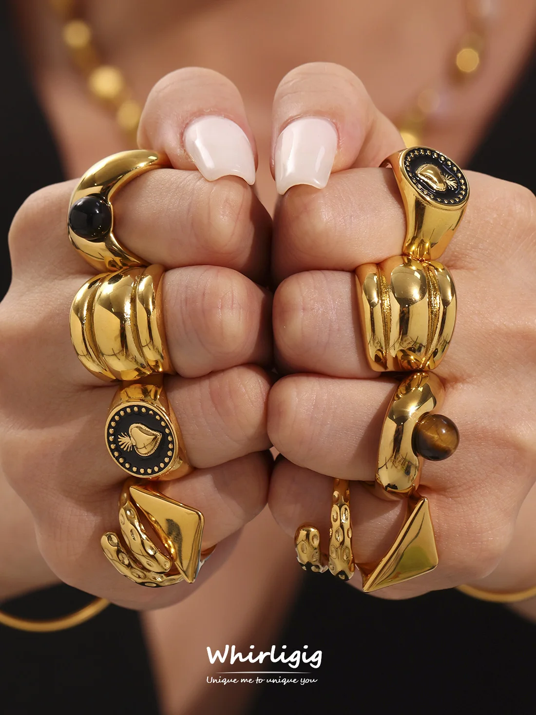 

Chic Stainless Steel Rings Womens Luxury Gold Plated Round Natural Stones Finger Ring Ladies Charm Banquet Couple Jewelry