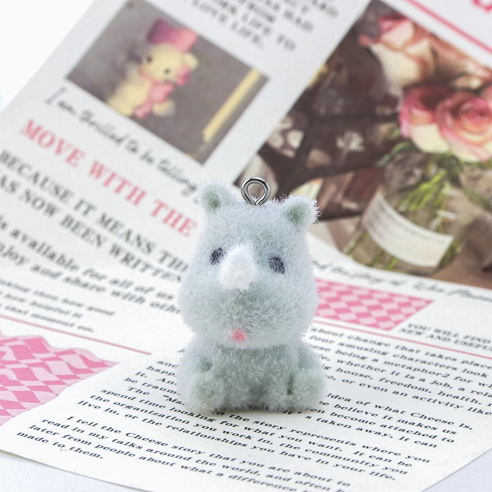 20PCS 3D Resin Flocking Rhino Charms Plush Dolls Animal Pendants for Necklace Keychain Making DIY Jewelry Accessories Wholesale