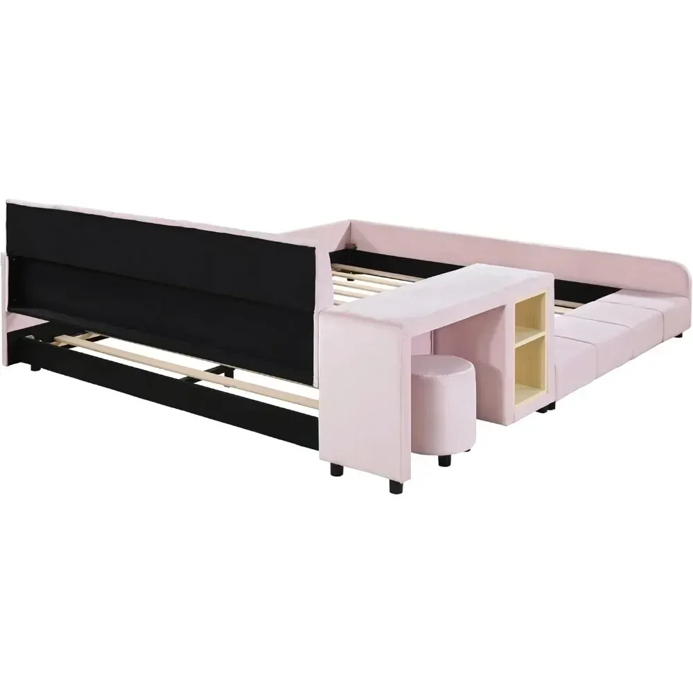 Upholstered Grounded Bed Platform Bed, Wooden Queen Size Mother & Child Bed Frame with Bedside Desk and Little Round Stool