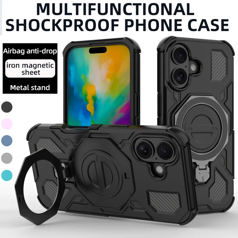 

360°Rotating Hidden Metal Ring Soft TPU+Hard PC Bumper Phone Case For iPhone 17 Pro Max 17 Air 16E 16 15 Anti-Drop Holder Case