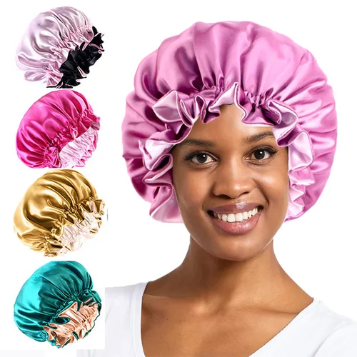 Imagen 2 del producto Nuevo Gorro de satén liso elástico de doble capa, gorro de dormir para mujer, gorro de protección para el cabello para dormir, gorro Reversible para dormir, cuidado del cabello, nuevo