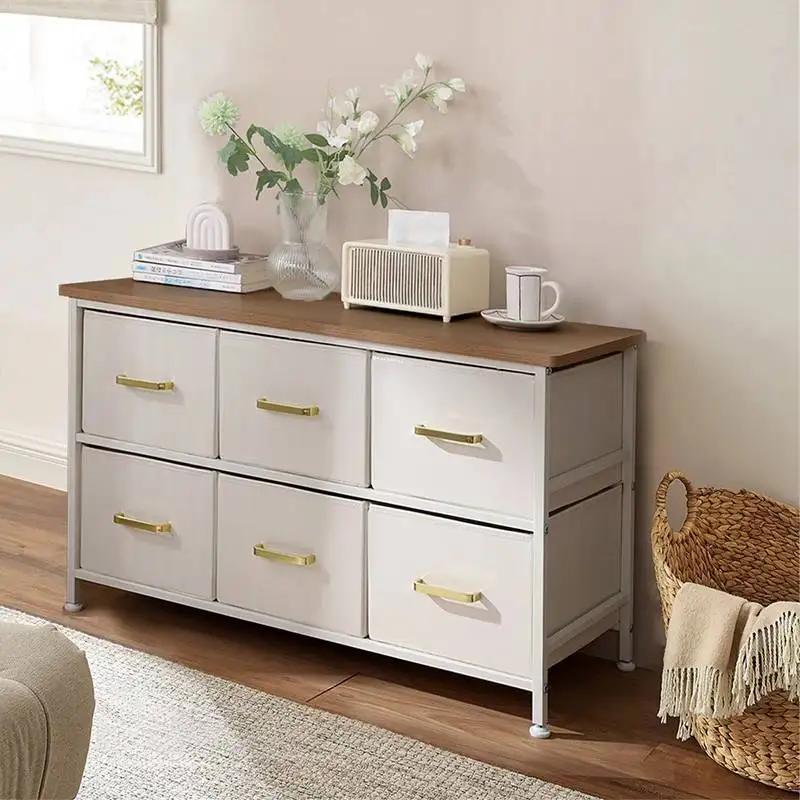 Wooden Cover Plate Deep Drawers with Smooth Metal Handle, Large Dressers & Chests of Drawers Wide Cabinet, Fabric Storage Box