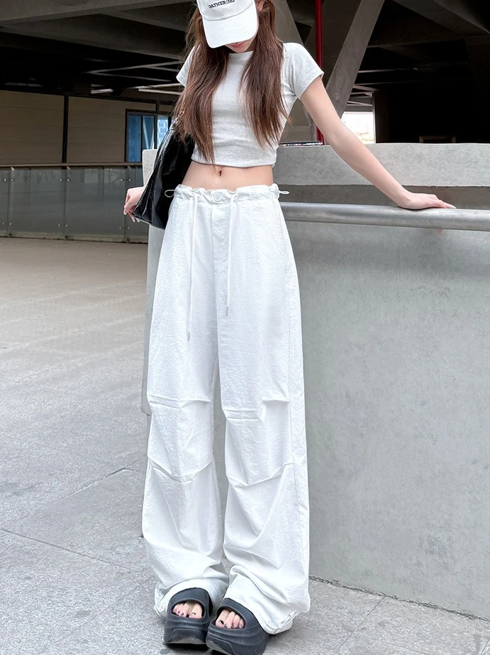 American Women's Wide-leg Pants High-waisted Quick-drying Loose Straight Sweatpants Full Length Casual Ice Silk Trousers Women